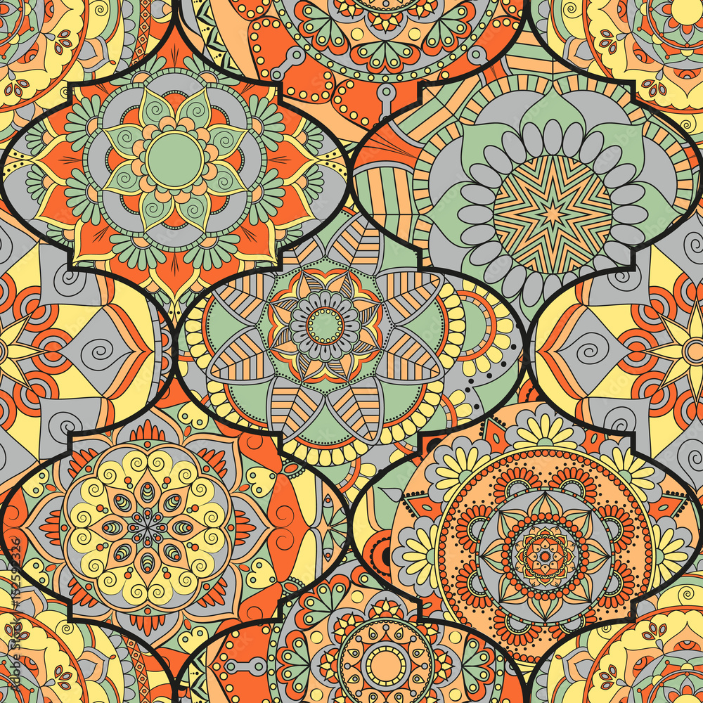 Colorful tiles boho seamless pattern. Mandala background. Abstract flower ornament. Floral wallpaper, furniture, textile print, hippie fabric. Romantic decoration from weave design elements.