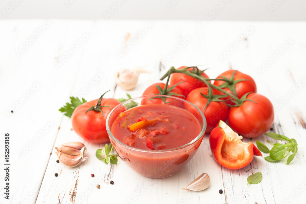 Lecho from tomatoes, sweet pepper and garlic Lecho from tomatoes, sweet pepper and garlic