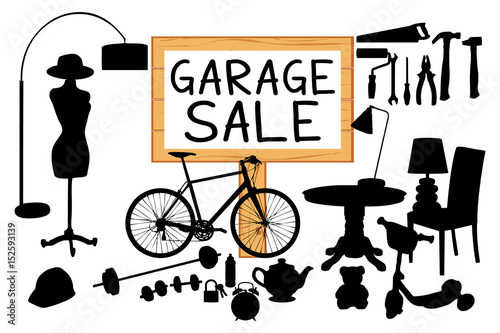Garage sale illustration. Wood sign panel and homerelated items silhouettes. photo
