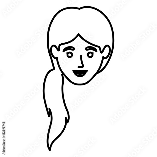 monochrome contour of smiling woman face with ponytail hairstyle vector illustration