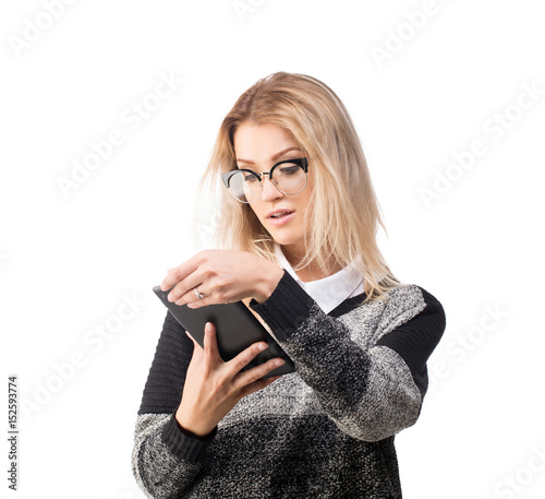 Cute student using her tablet with an interest, new working style concept, isolated on white