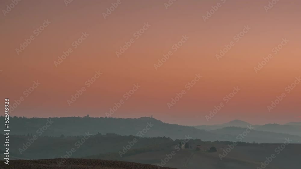 Cloudless Sunrise over the Fields of Tuscany. Time Lapse