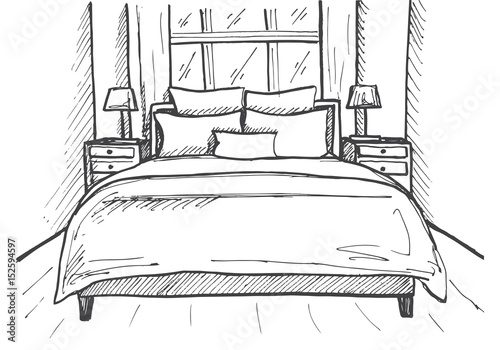 Hand drawn sketch. Linear sketch of an interior. Sketch Line bedrooms. Vector illustration. Room plan.