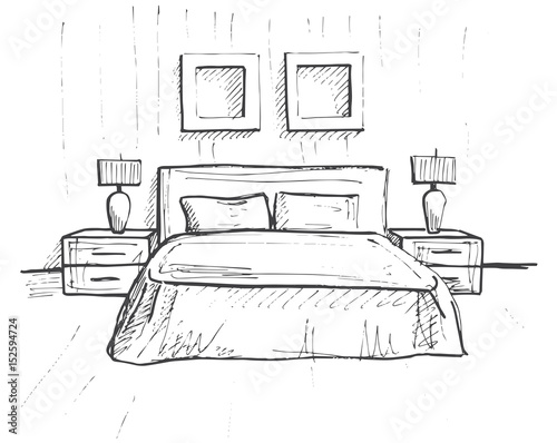 Hand drawn sketch. Linear sketch of an interior. Sketch Line bedrooms. Vector illustration. Room plan.