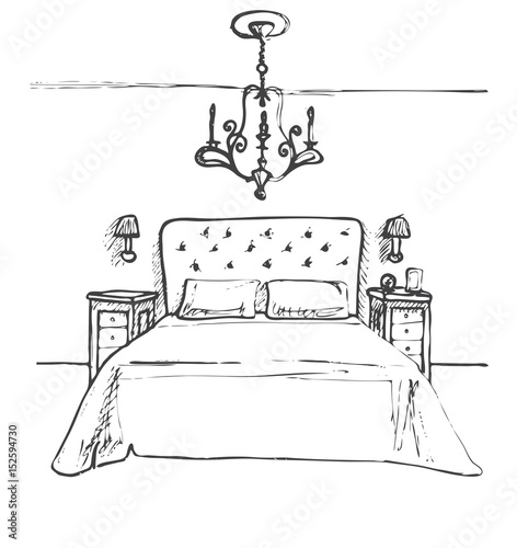 Hand drawn sketch. Linear sketch of an interior. Sketch Line bedrooms. Vector illustration. Room plan.