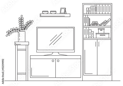 Linear sketch of the interior. Bookcase, dresser with TV and shelves. Vector illustration