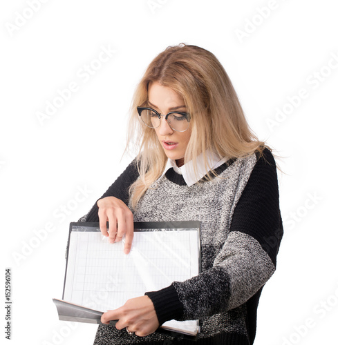  Young confused business woman holds documents, isolated on white