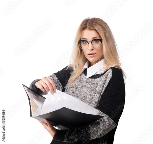  Young confused business woman holds documents, isolated on white