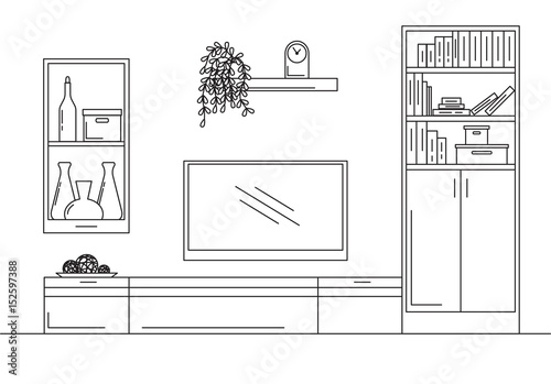 Linear sketch of the interior. Bookcase, dresser with TV and shelves. Vector illustration