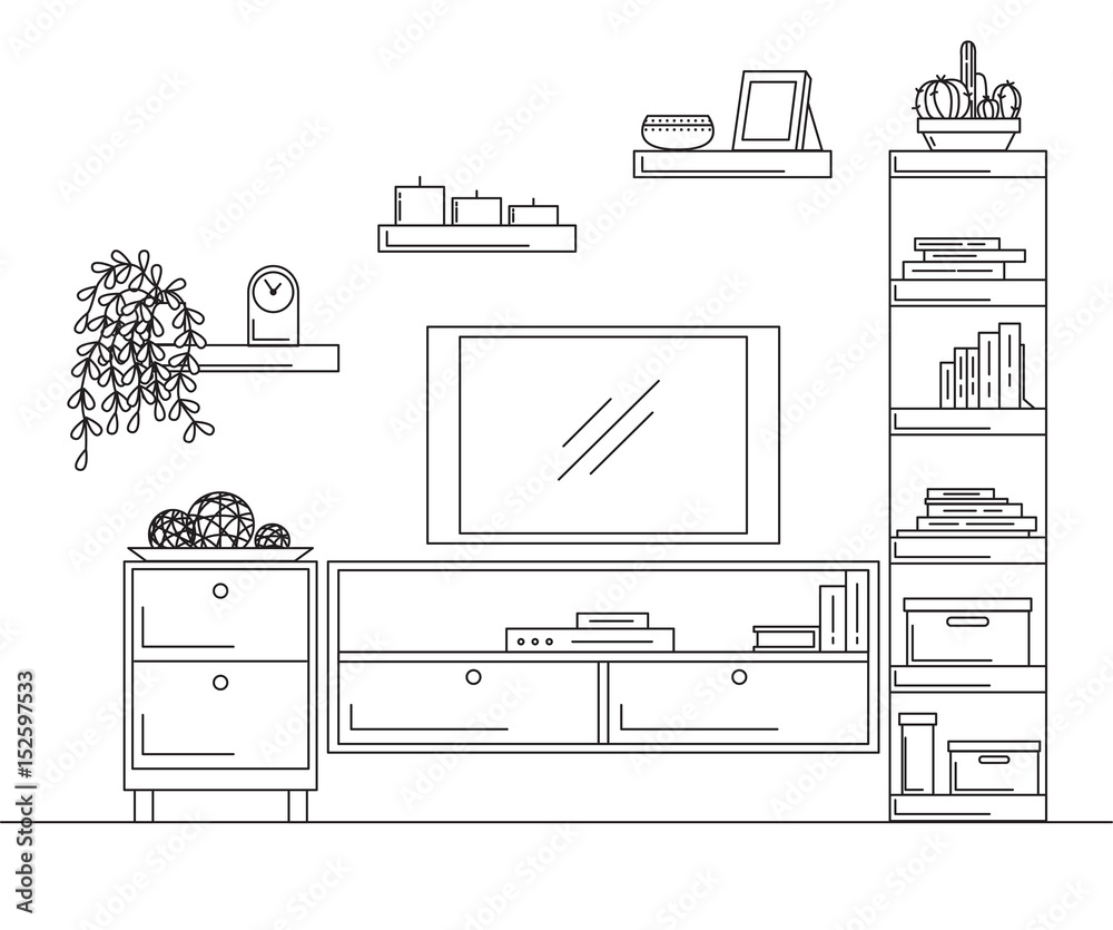 Linear sketch of the interior. Bookcase, dresser with TV and shelves. Vector illustration Linear sketch of the interior. Bookcase, dresser with TV and shelves. Vector illustration