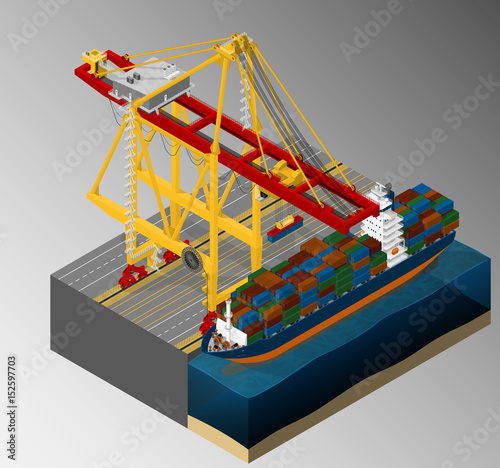 Vector isometric illustration representing the unloading of container ship in container terminal. Harbor equipment.