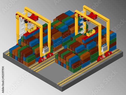 Vector isometric illustration representing the loading and unloading operations in harbor container terminal. Harbor equipment.