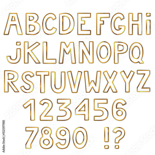 Beautiful golden font isolated on white background. Full alphabet. Letters and numbers. Vector illustration.