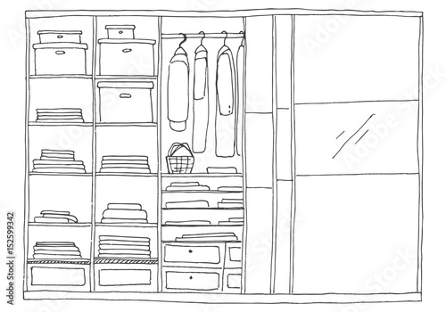 Open wardrobe with clothes on shelves and hangers. Vector illustration of a sketch style. photo
