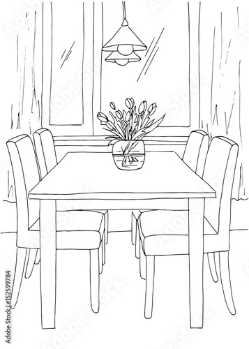 Part of the dining room. Table and chairs near the window. On the table a vase of flowers. Lamps hang over the table. Hand drawn sketch.Vector illustration.