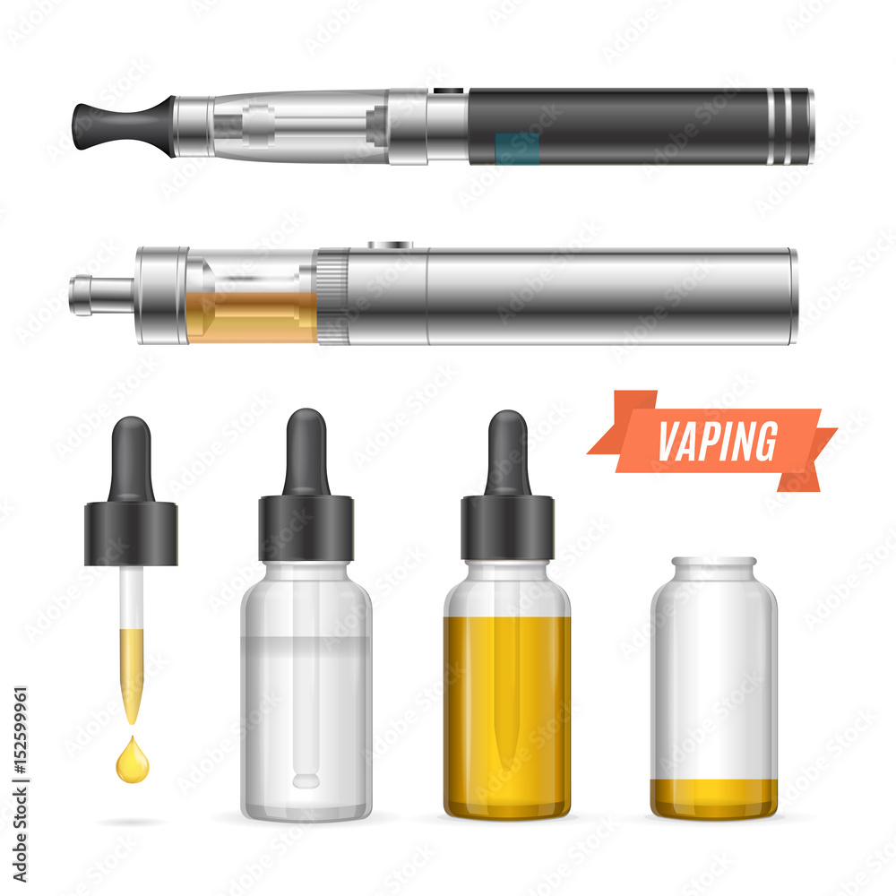 Realistic Vaping Vaporizer Liquid Set. Vector Realistic Vaping Vaporizer Liquid Set. Vector