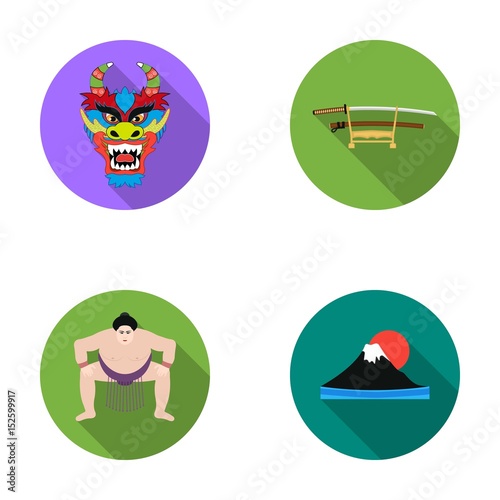 Dragon mask, katano, a man is a sumo player, a fujiama mountain.Japan set collection icons in flat style vector symbol stock illustration web.