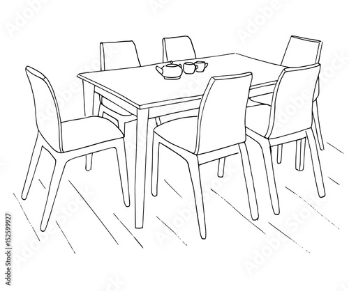 Table and chairs. On the table are two cups. Hand drawn sketch.Vector illustration.