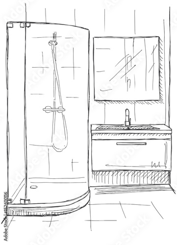 Hand drawn sketch. Linear sketch of an interior. Part of the bathroom. Vector illustration