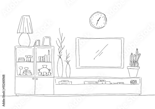 Hand drawn sketch. Linear sketch of the interior. Bookcase, dresser with TV and shelves. Vector illustration