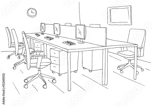 Open Space office. Workplaces outdoors. Tables, chairs and windows. Vector illustration in a sketch style.