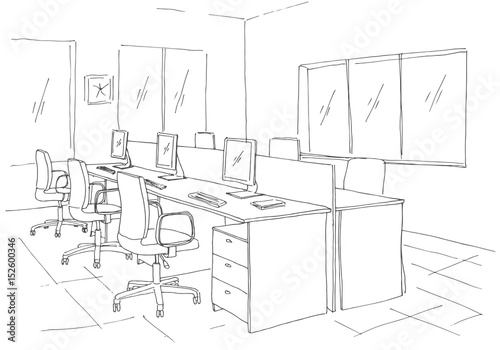 Open Space office. Workplaces outdoors. Tables, chairs and windows. Vector illustration in a sketch style.
