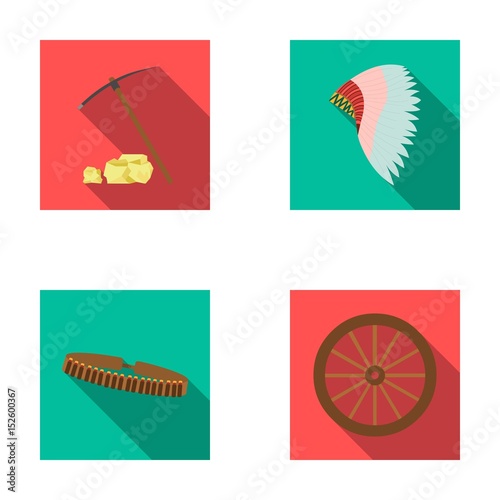 Pickaxe and stones, bandolier, cartwheel, mohawk.Wild west set collection icons in flat style vector symbol stock illustration web.