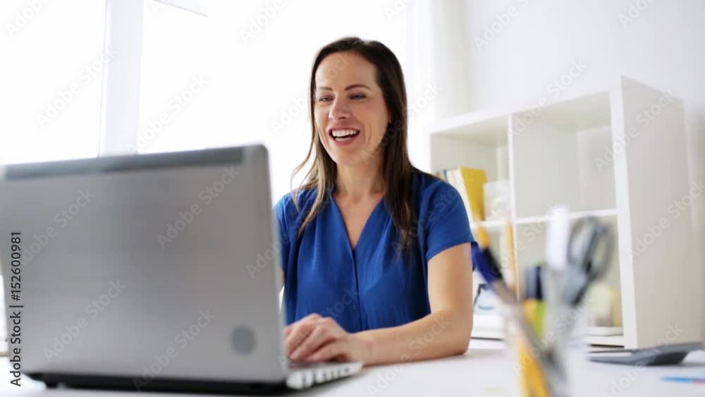 happy woman with laptop having video conference happy woman with laptop having video conference