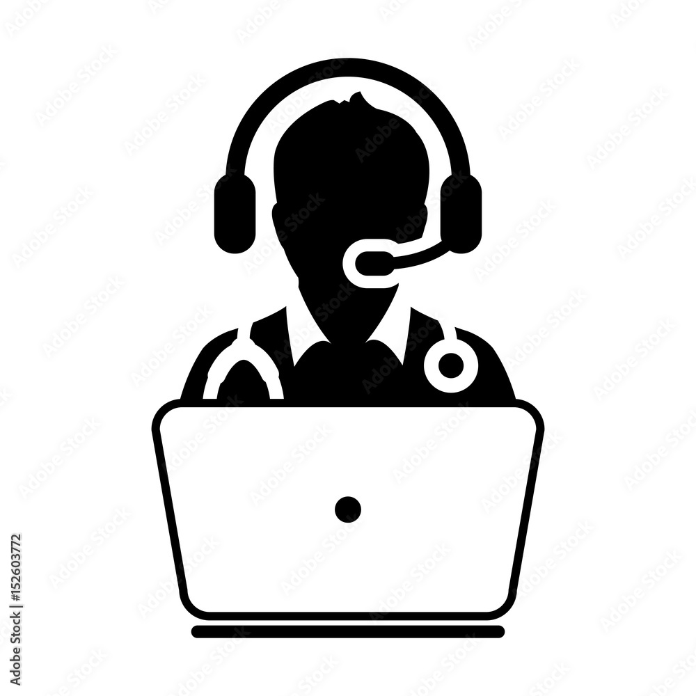 Online Doctor Icon - Flat Vector, Physician Avatar Symbol With Laptop and Wearing Headset for Consultation on Advice and Support Service for Patient in Glyph Pictogram Symbol illustration Online Doctor Icon - Flat Vector, Physician Avatar Symbol With Laptop and Wearing Headset for Consultation on Advice and Support Service for Patient in Glyph Pictogram Symbol illustration