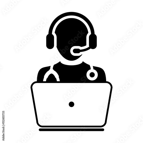 Online Doctor Icon - Flat Vector, Physician Avatar Symbol With Laptop and Wearing Headset for Consultation on Advice and Support Service for Patient in Glyph Pictogram Symbol illustration