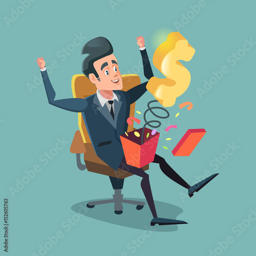 Excited Businessman Opening Gift Box with Money. Vector cartoon illustration