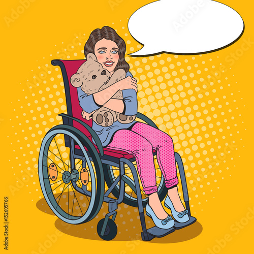 Disability Person. Happy Little Handicapped Girl in Wheelchair. Pop Art vector illustration