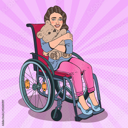 Disabled Child. Happy Little Handicapped Girl in Wheelchair. Pop Art vector illustration