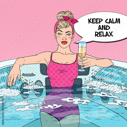 Pretty Woman Drinking Champagne and Relaxing in Jacuzzi. Pop Art vector illustration