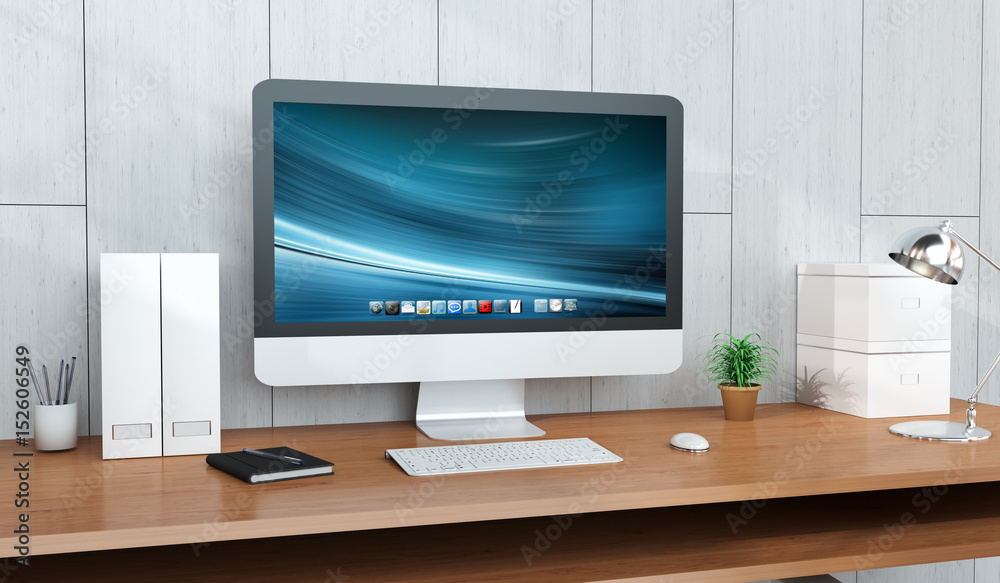 Modern workplace interior with computer and devices 3D rendering