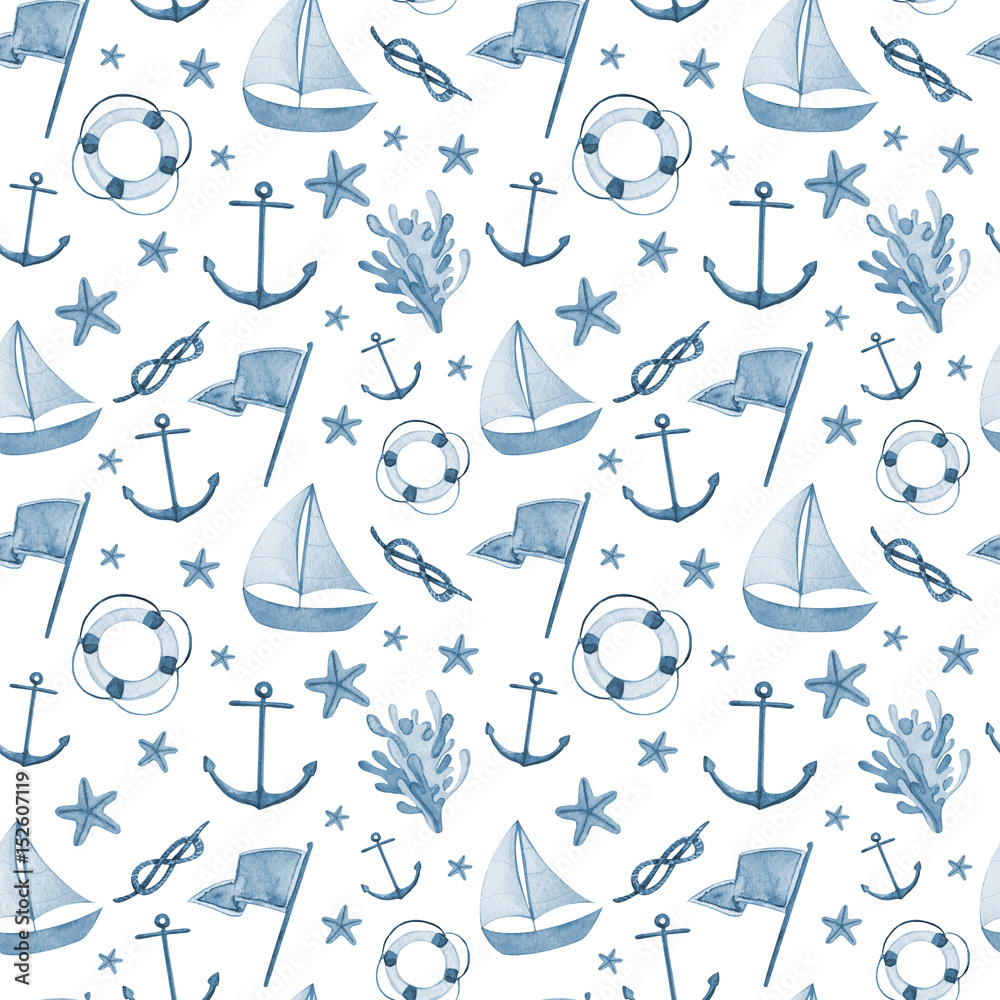Watercolor hand drawn sea nautical seamless pattern Watercolor hand drawn sea nautical seamless pattern