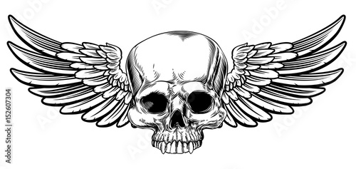 Winged Skull Vintage Etched Woodcut Style