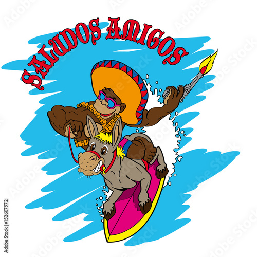 Funny monkey surfer illustration.