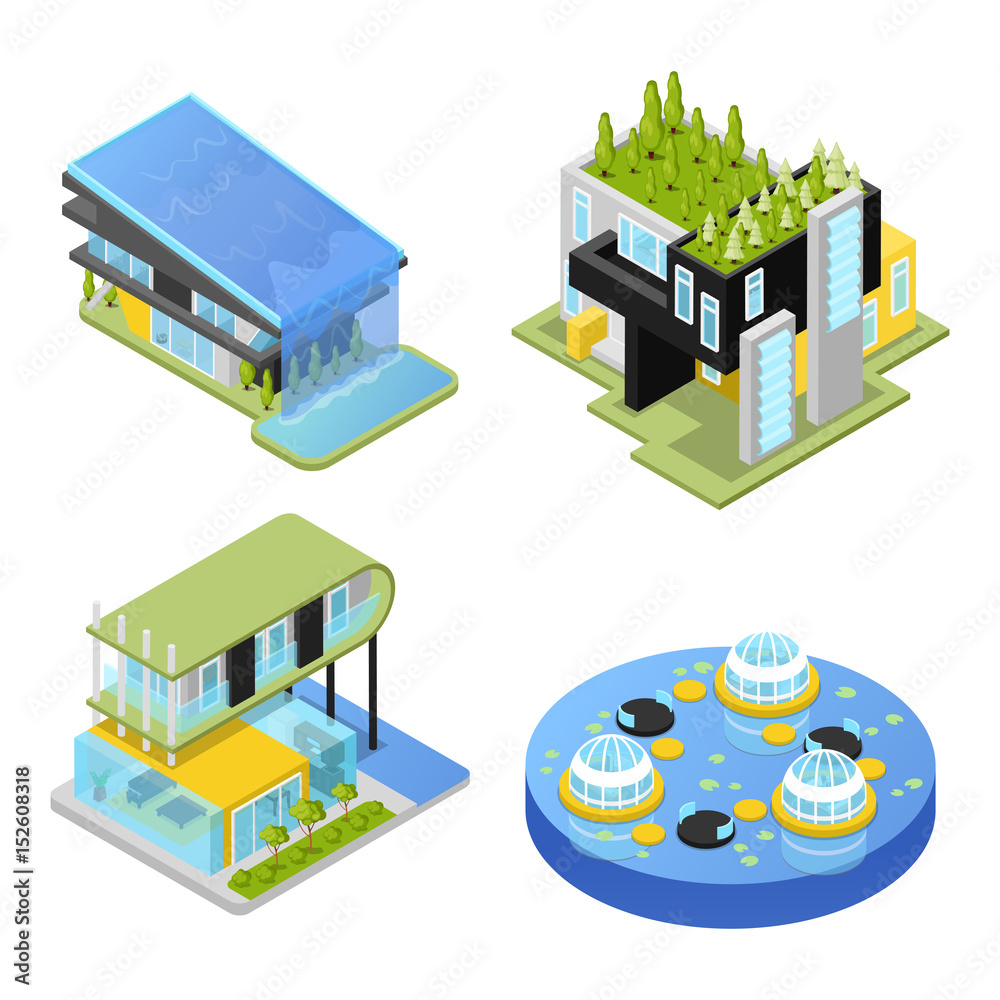 Futuristic Private Houses. Modern Architecture. Isometric vector flat 3d illustration