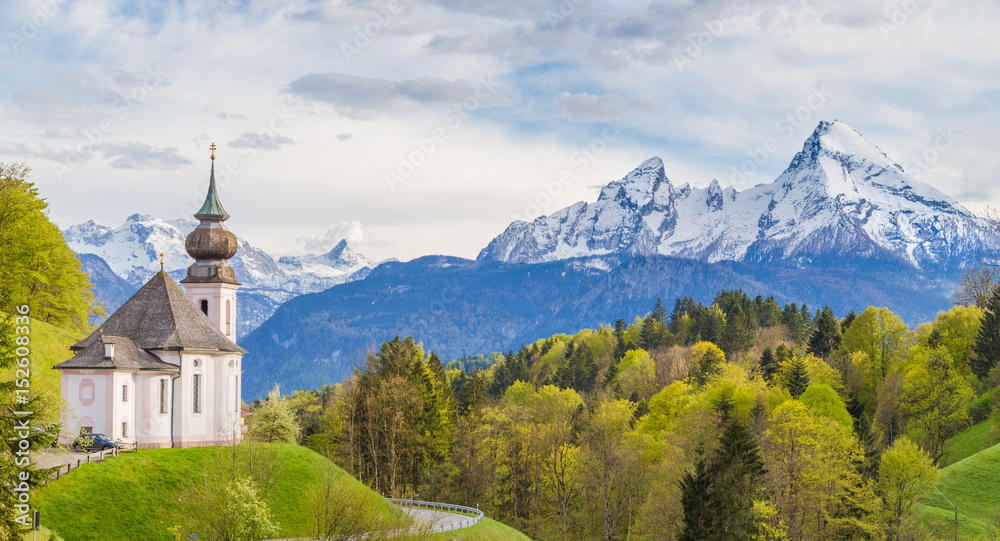 Church of Maria Gern with Watzmann mountain in springtime, Berchtesgadener Land, Bavaria, Germany