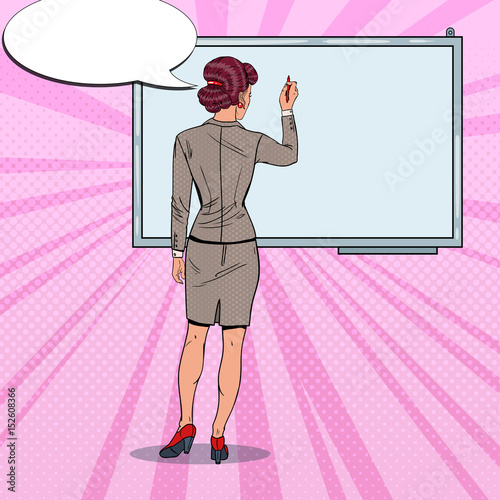 Business Woman Standing behind Whiteboard. Pop Art vector illustration