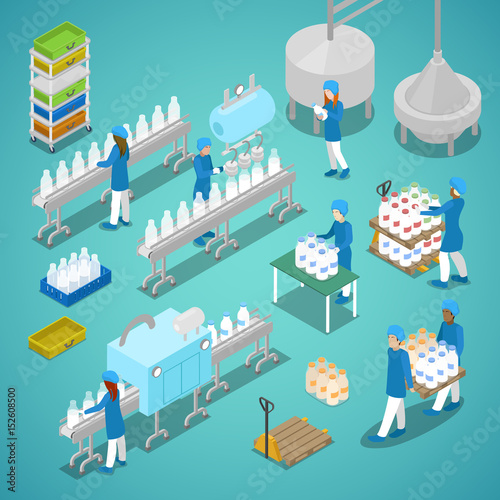 Milk Factory. Automated Production Line in Dairy Plant with Workers. Isometric vector flat 3d illustration