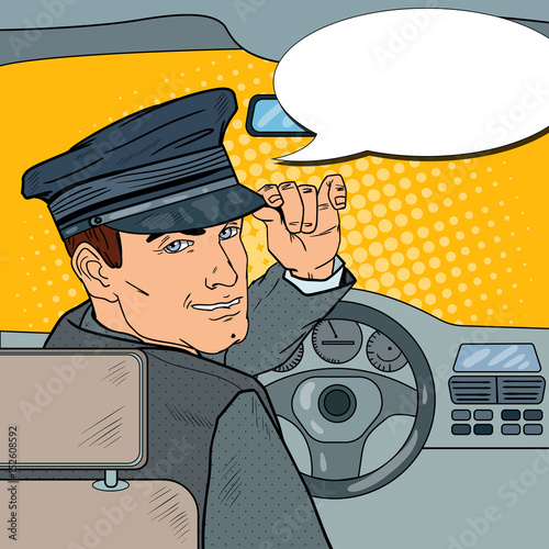 Limousine Driver in Uniform. Chauffeur Saluting Passenger. Pop Art vector illustration