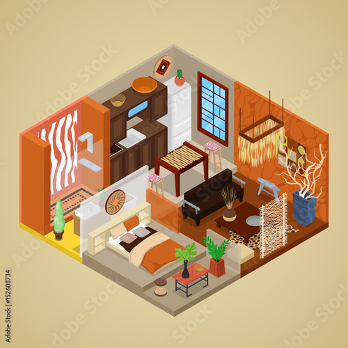 African Style Interior Design with Living Room and Kitchen. Isometric vector flat 3d illustration