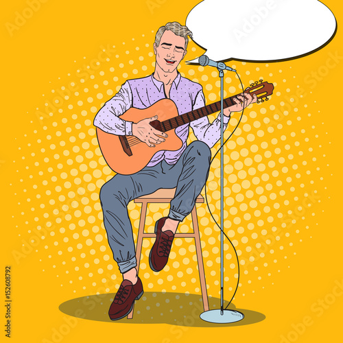 Guitar Player Singing Song in Microphone. Pop Art vector illustration