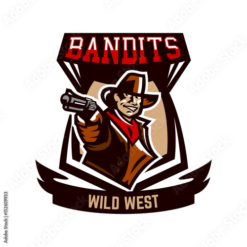 Colorful emblem, logo, cowboy holding a revolver. Wild West, a bandit, a robber, a sheriff, a gunfight. Vector illustration