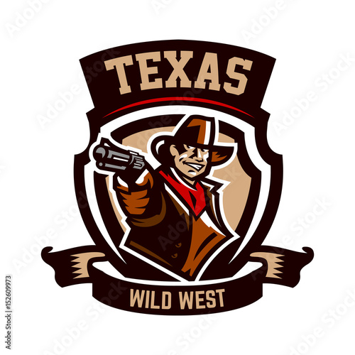 Colorful emblem, logo, cowboy holding a revolver. Wild West, a bandit, a robber, a sheriff, a gunfight. Vector illustration