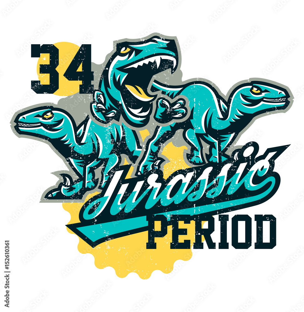 Design for printing on a T-shirt, aggressive dinosaurs ready to attack. Jurassic period, predator of antiquity, sport style. Vector illustration, grunge effect