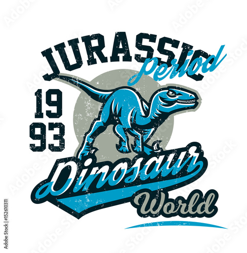 Design for printing on a T-shirt, aggressive dinosaur ready for attack. Jurassic period, predator of antiquity, sport style. Vector illustration, grunge effect