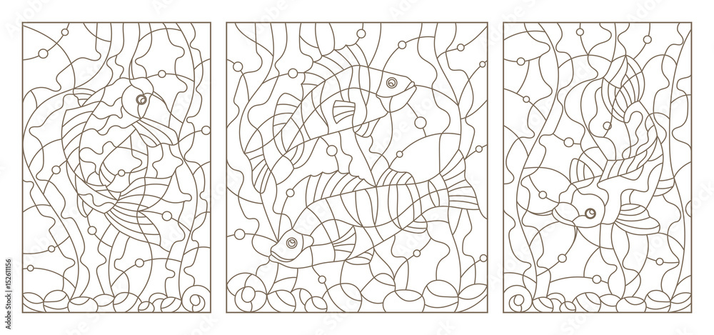 Set contour illustrations of stained glass with aquarium fish,carp and perch